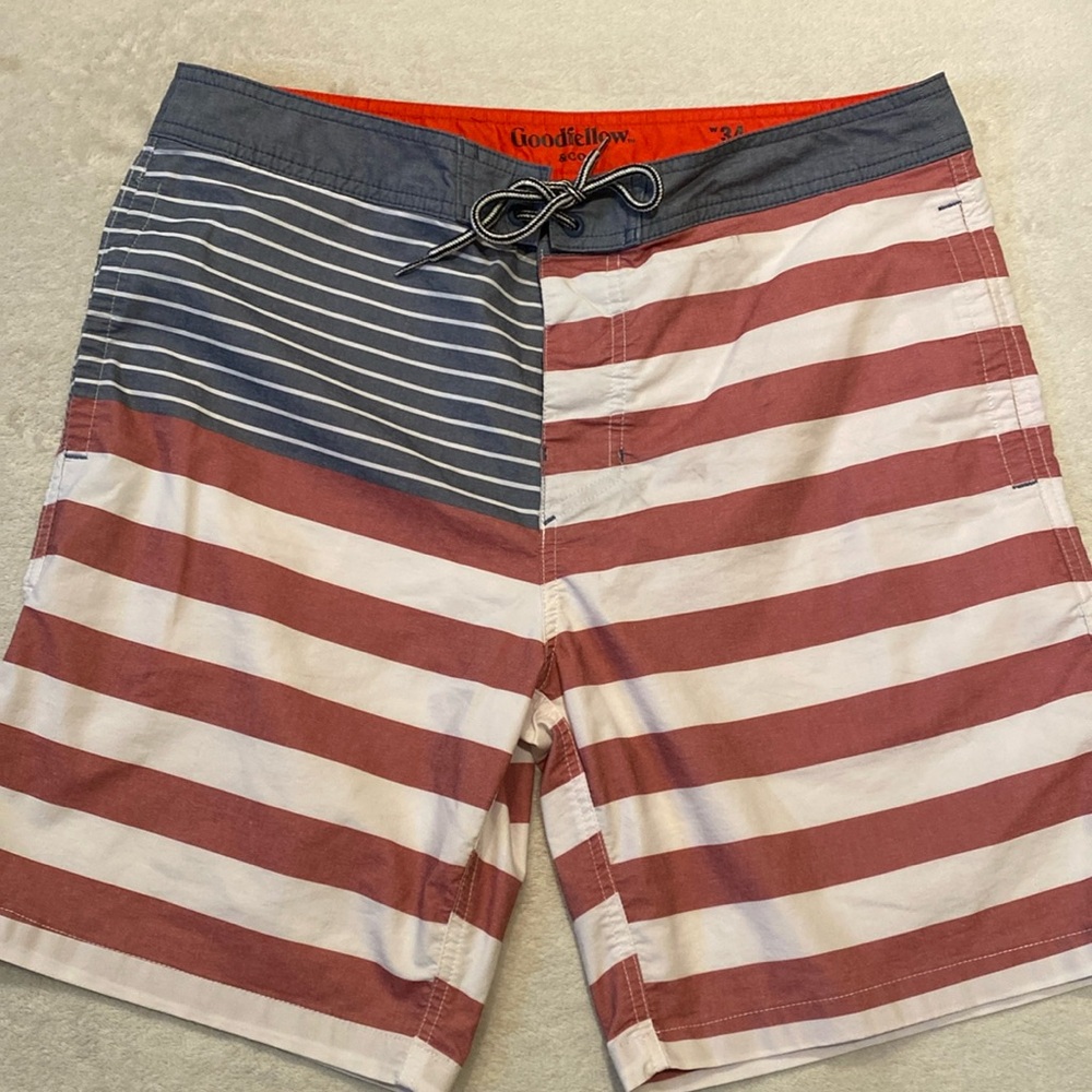 Goodfellow faded American flag swim trunks Sz 32 EUC